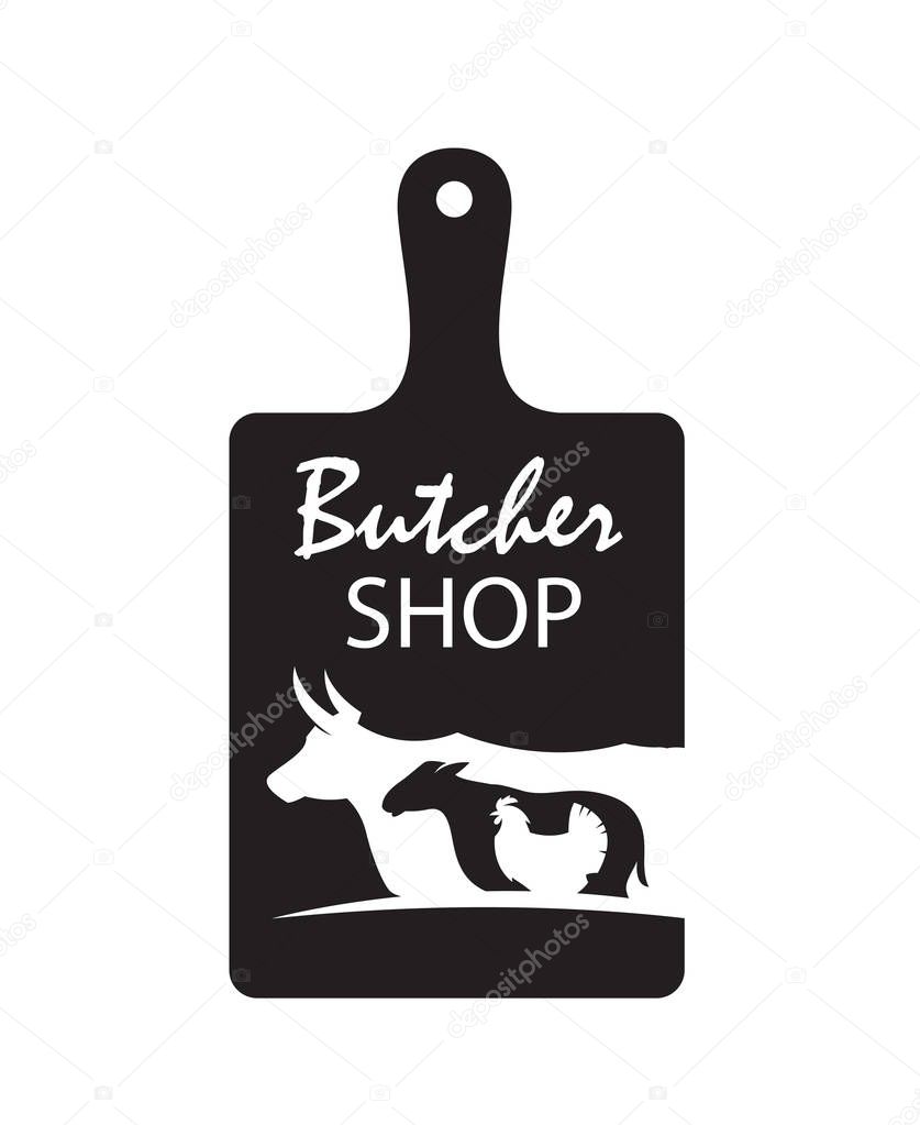 Monochrome label of farm animals cow, sheep and chicken