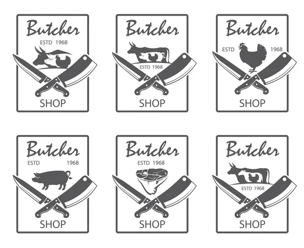Sbírka Monochromatický Butcher Shop Emblémy Salámy Přes Nože Prase Ovce — Stockový vektor