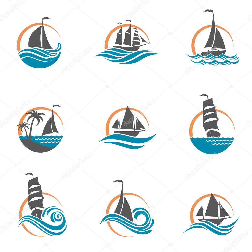 Collection of sailboat and yacht icons on waves