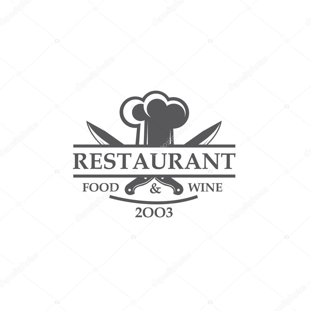 Black restaurant label with crossed knives and chef hat on white background