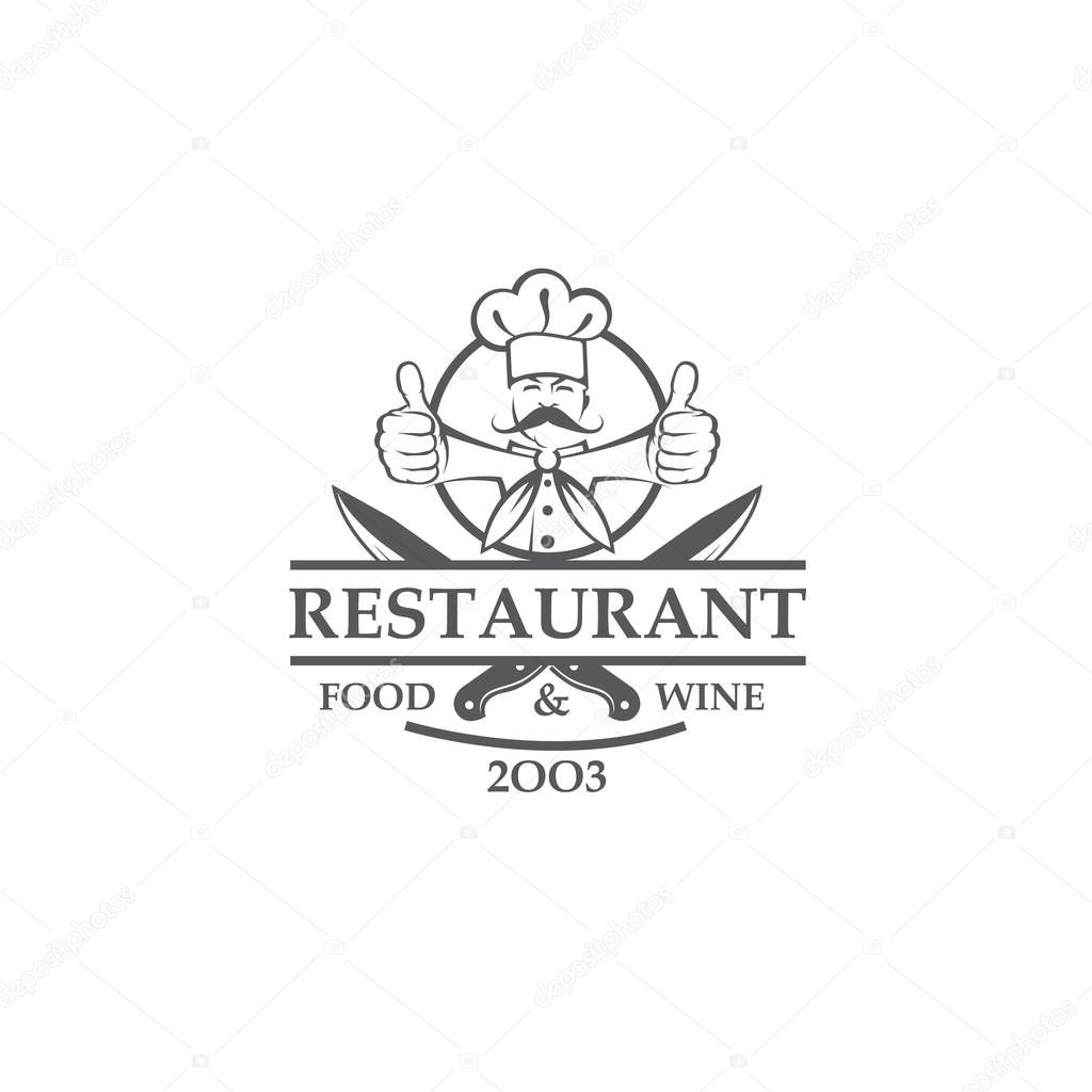 Black restaurant label with crossed knives and chef isolated on white background