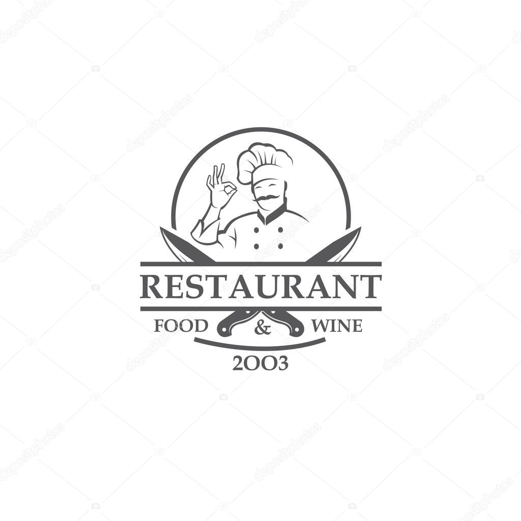 Black restaurant label with crossed knives and chef isolated on white background