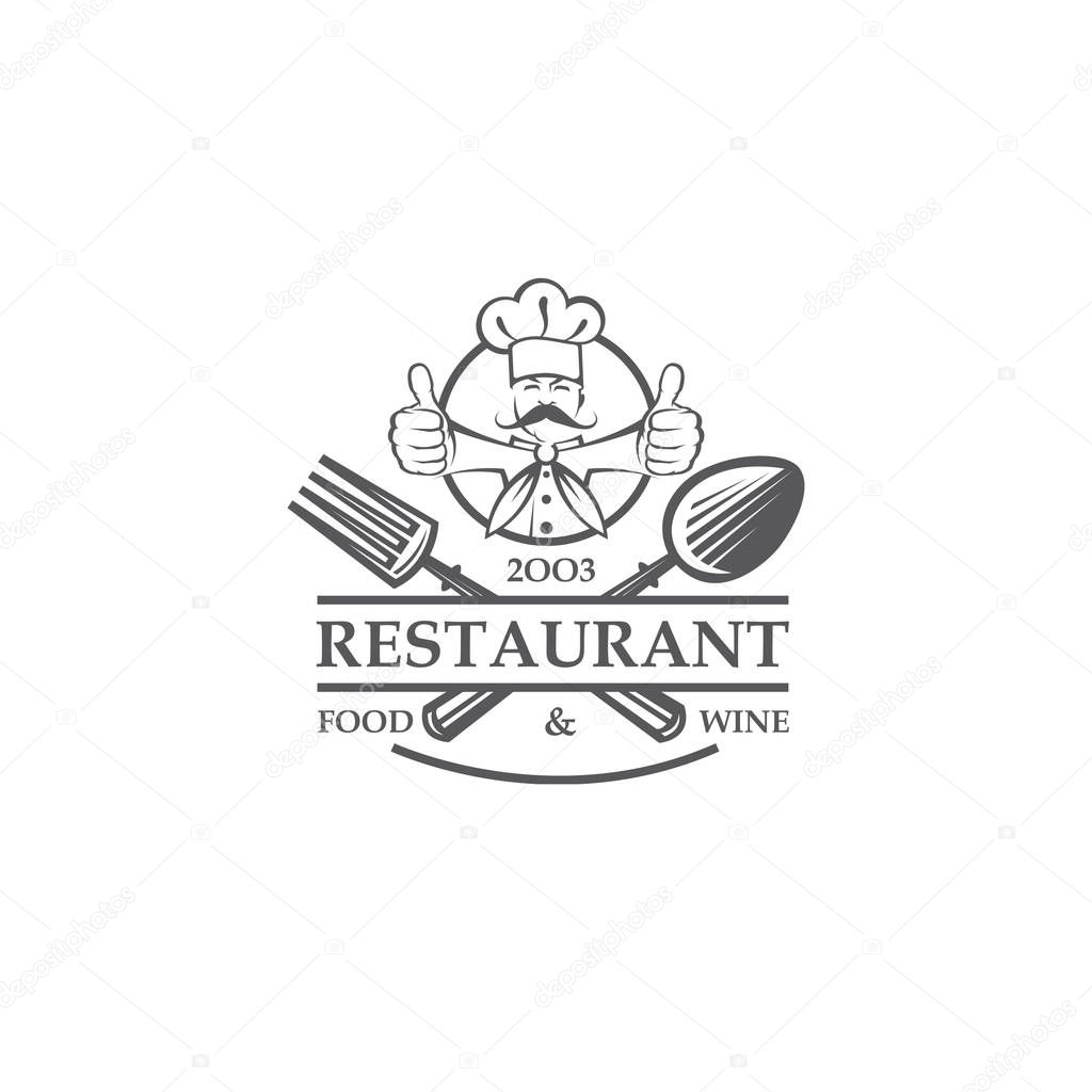 Black restaurant label with chef, crossed spoon and fork isolated on white background
