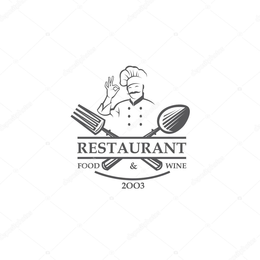 Black restaurant label with chef, crossed spoon and fork isolated on white background