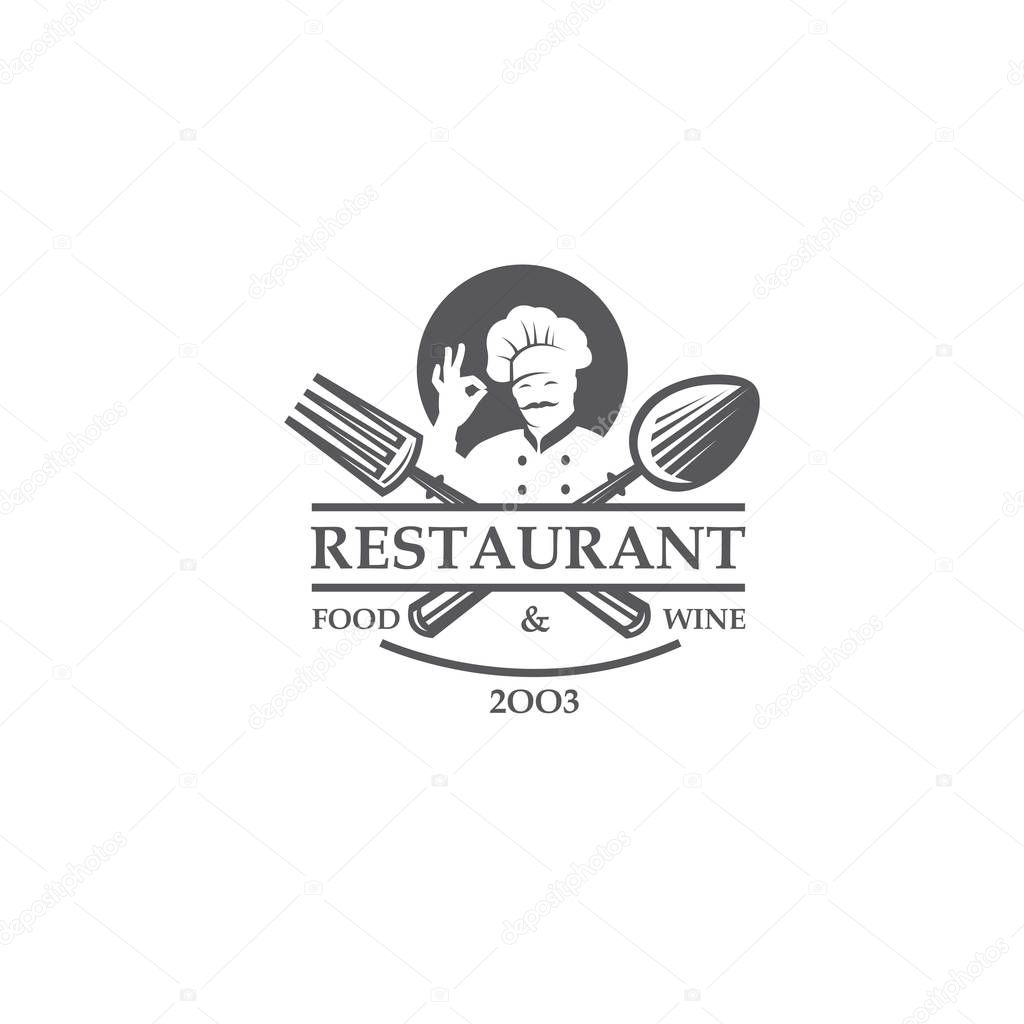 Black restaurant label with chef, crossed spoon and fork isolated on white background