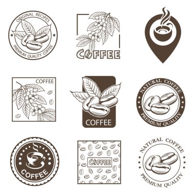 kahve şube, fasulye ve Kupası etiketleri topluluğu