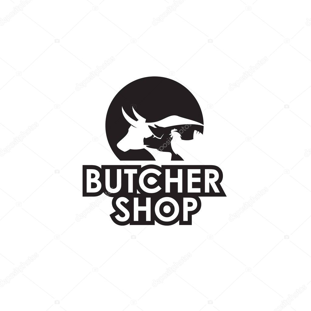 Monochrome label of farm animals cow, pig and chicken for butcher shop
