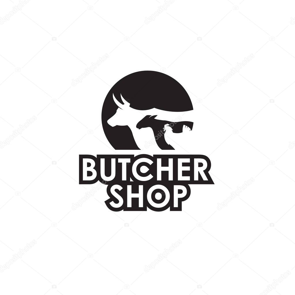 Monochrome label of farm animals cow, chicken and sheep for butcher shop