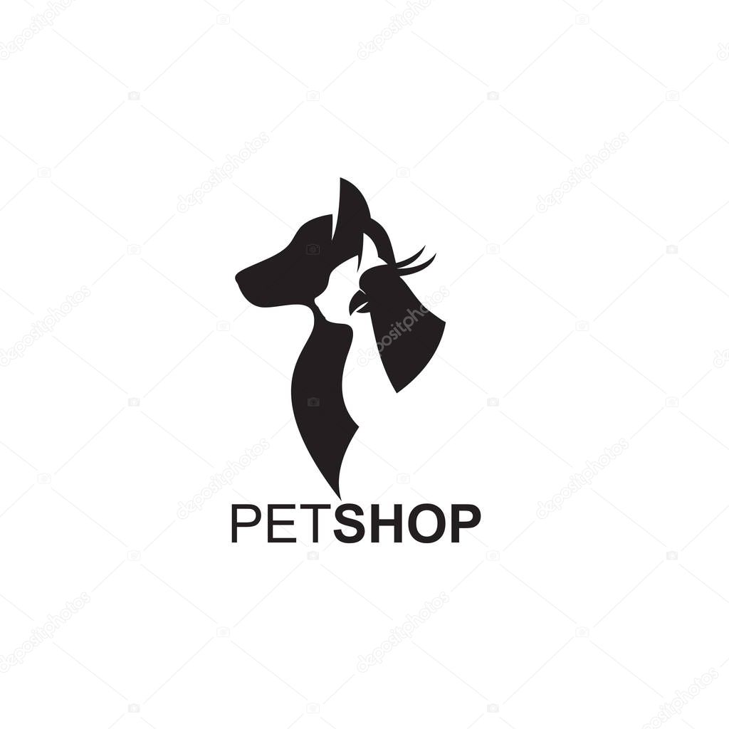Monochrome pet hsop label with cat, bird and dog