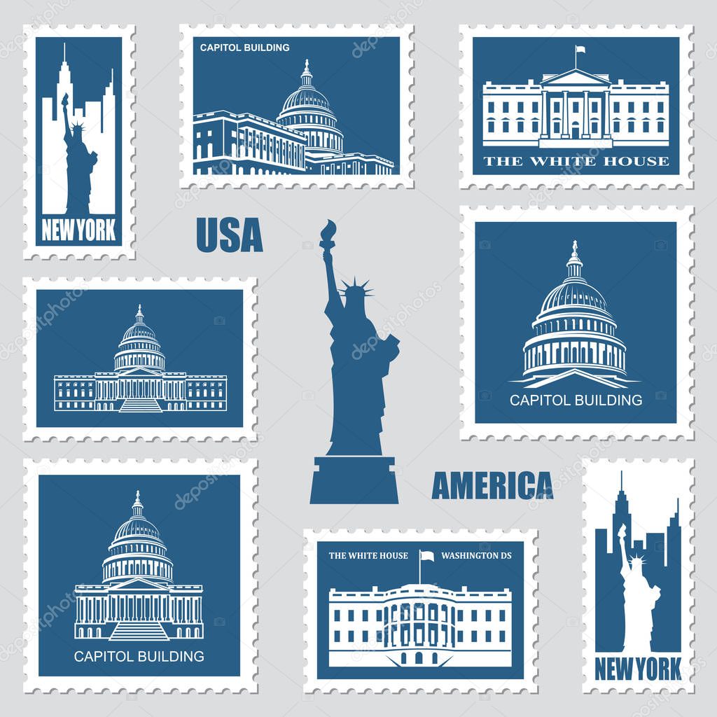 Postage stamps set with american symbols statue of liberty, capitol building and white house
