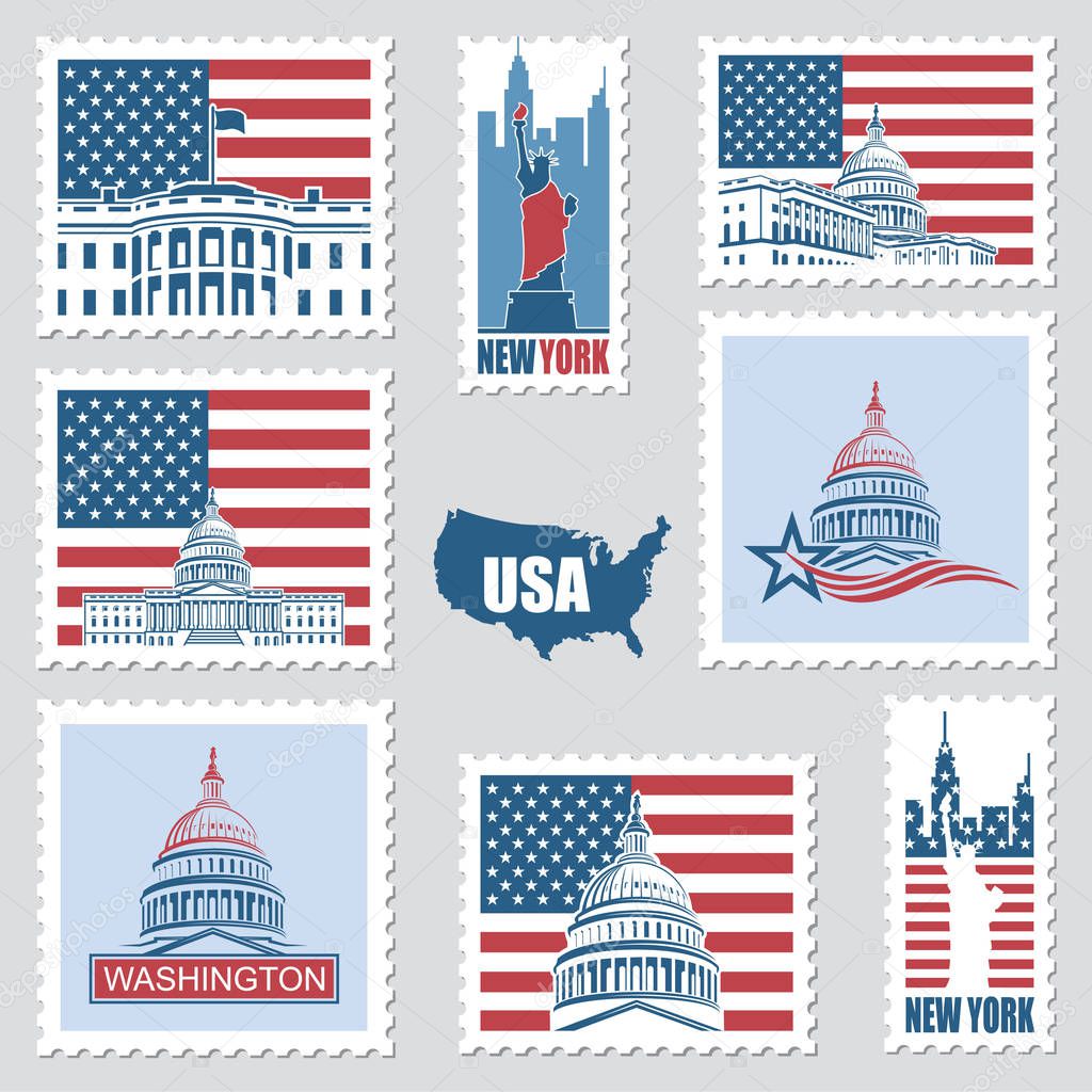 Postage stamps set with american symbols statue of liberty, capitol building and white house