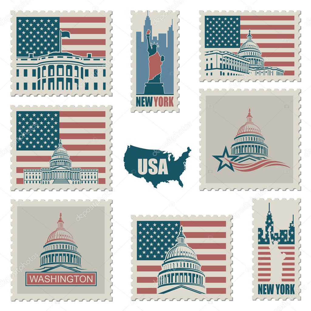 Postage stamps set with american symbols statue of liberty, capitol building and white house