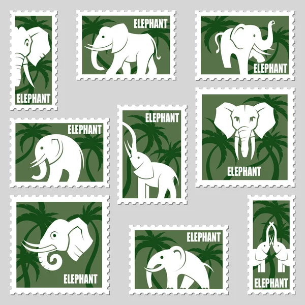 Kolekcja Znaczków Słonie Palmy — Wektor stockowy
