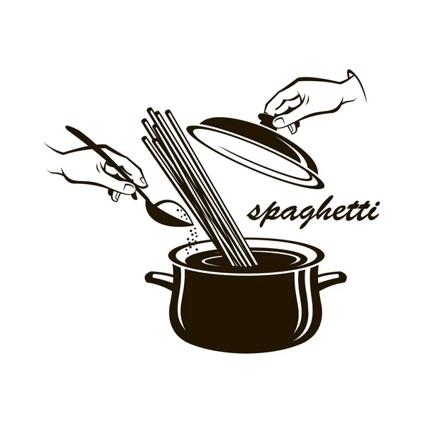 Ilustrasi Pan Dengan Spaghetty Masak Diisolasi Pada Latar Belakang Putih - Stok Vektor