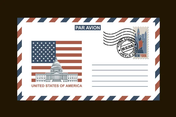 Post Kuvertdesign Med American Symboler Mot Svart Bakgrund — Stock vektor
