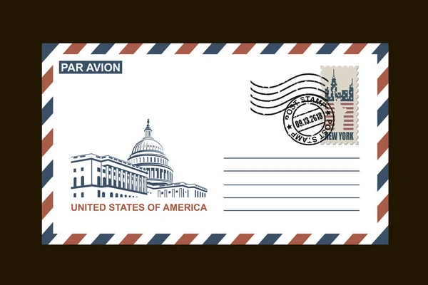 Postal Envelopontwerp Met Amerikaanse Symbolen Zwarte Achtergrond — Stockvector