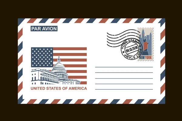 Postal Envelopontwerp Met Amerikaanse Symbolen Zwarte Achtergrond — Stockvector