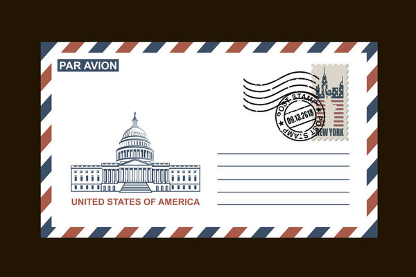 дизайн почтового конверта с американскими символами на черном фоне
