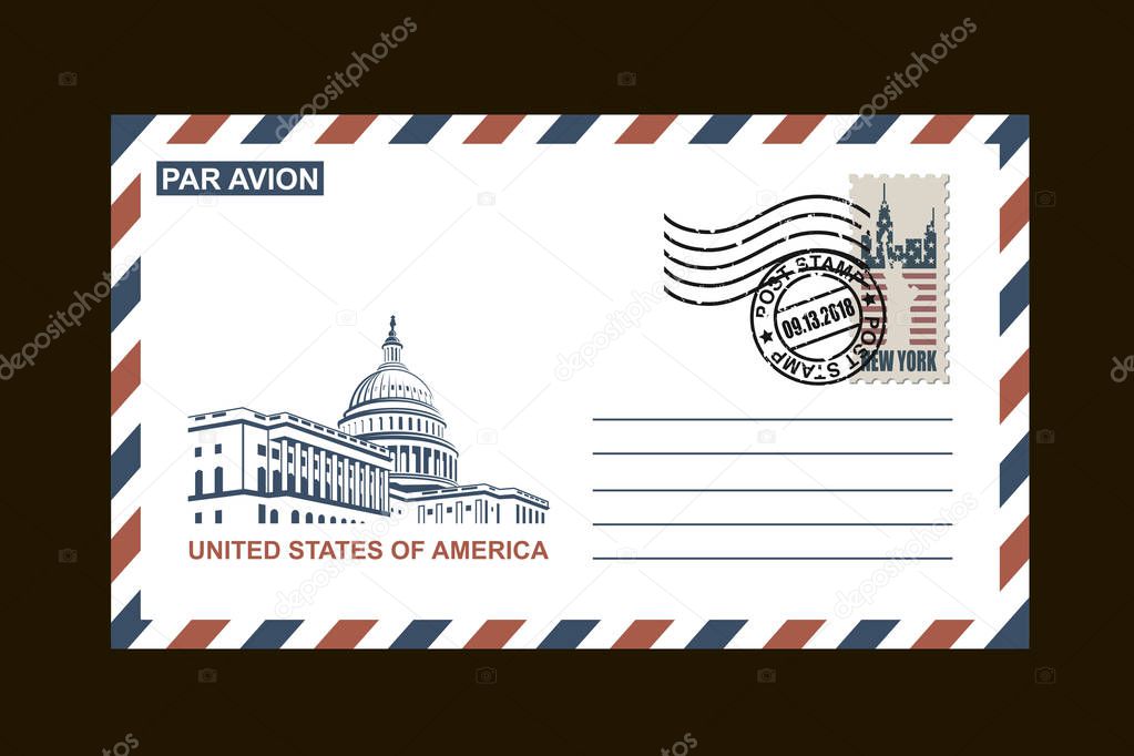 postal envelope design with american symbols on black background