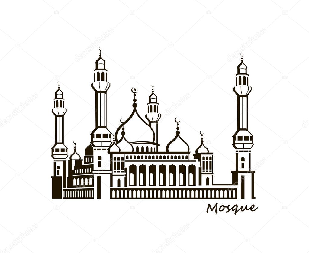 black illustration of islamic mosque building isolated on white background