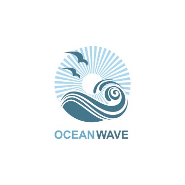 okyanus dalgaları ve beyaz arka plan üzerinde izole martılar simgesiyle soyut tasarım