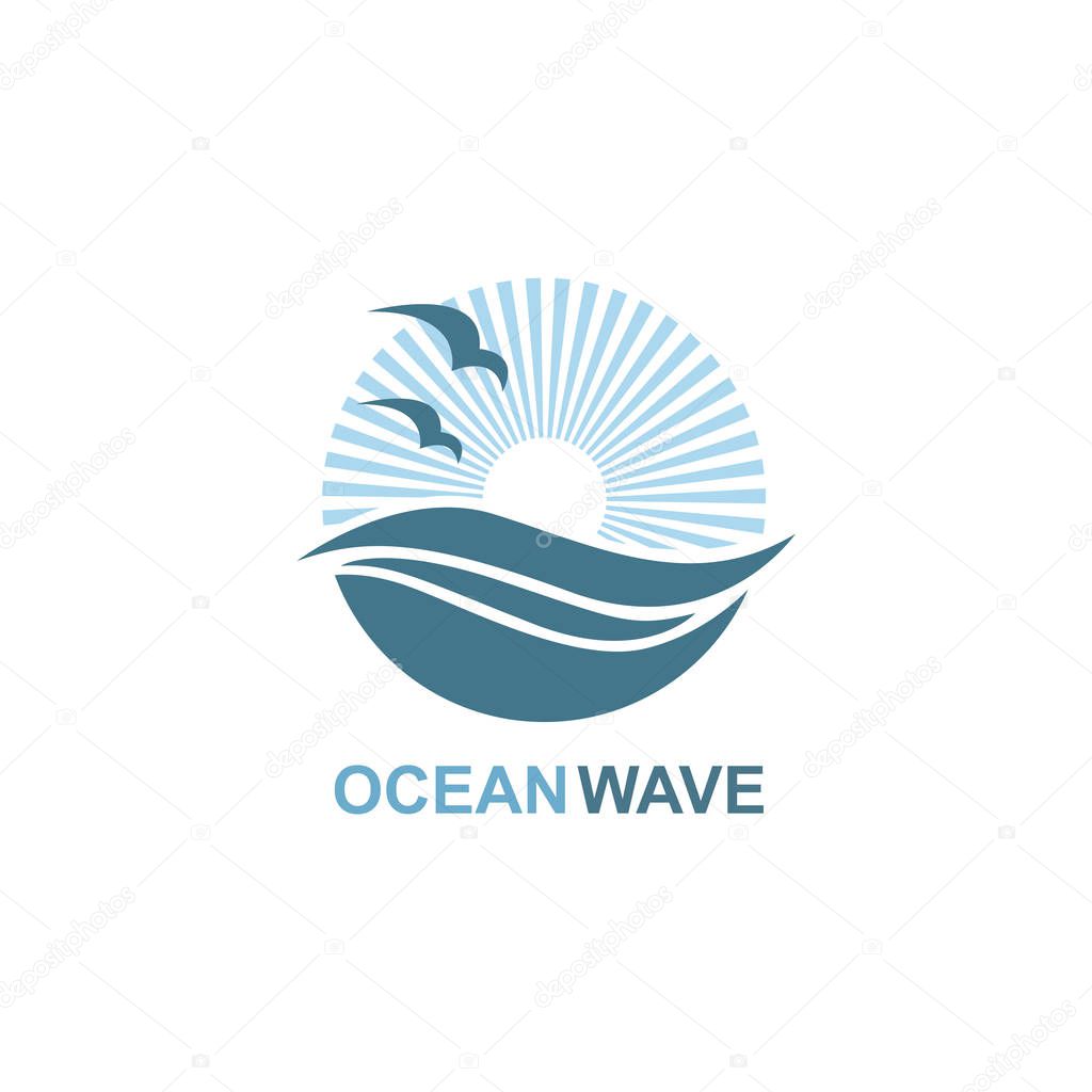 Abstract design of ocean icon with waves and seagulls isolated on white background