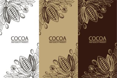 collection of cocoa packages with beans, branch and leaves clipart