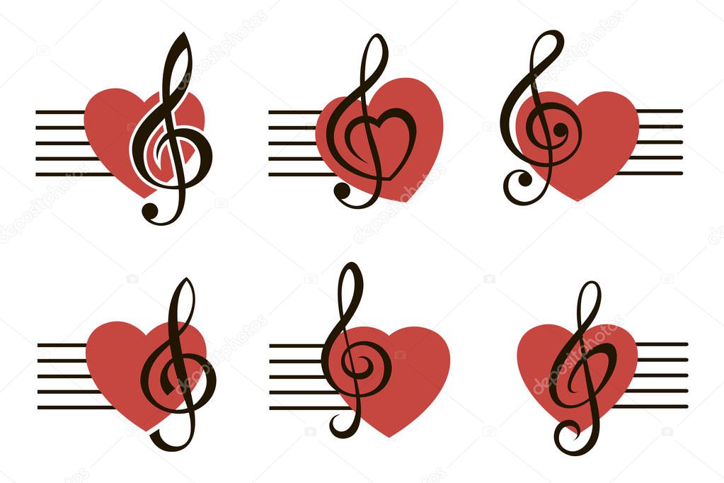 Icons set of music note treble clef with heart isolated on white background