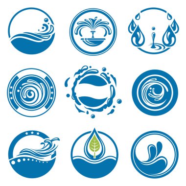 collection of blue round water icons isolated on white background clipart