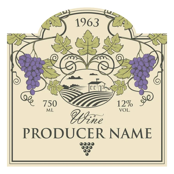 Vintage Label Voor Wijnflessen Met Druiven — Stockvector