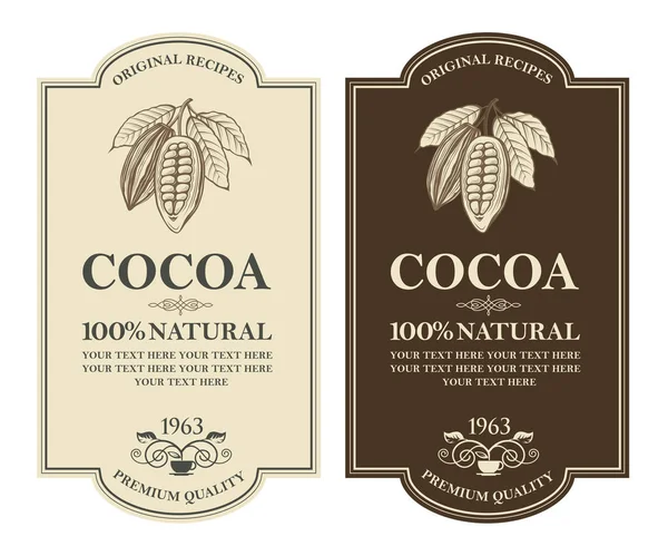 Sammlung Von Etiketten Mit Kakaobohnen Zweigen Und Blättern — Stockvektor
