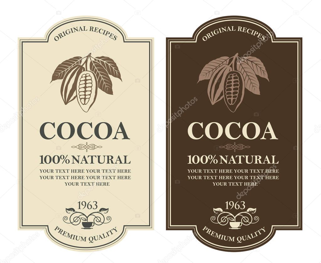 Collection of labels with cocoa beans, branch and leaves