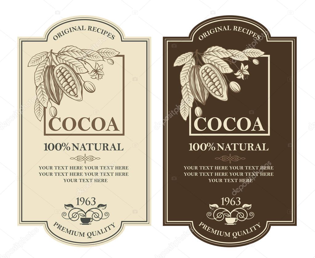 Collection of labels with cocoa beans, branch and leaves