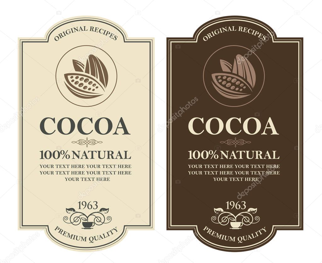 Collection of labels with cocoa beans, branch and leaves