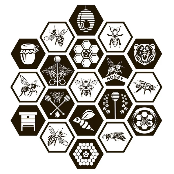 Collectie Emblemen Met Bijen Honing Zwarte Achtergrond — Stockvector