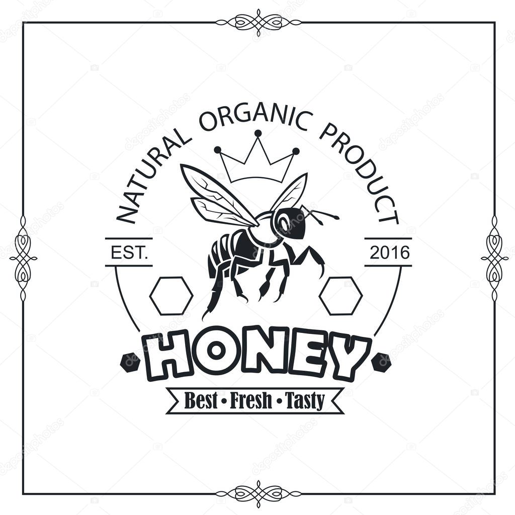 design of emblem with bee and honey on white background