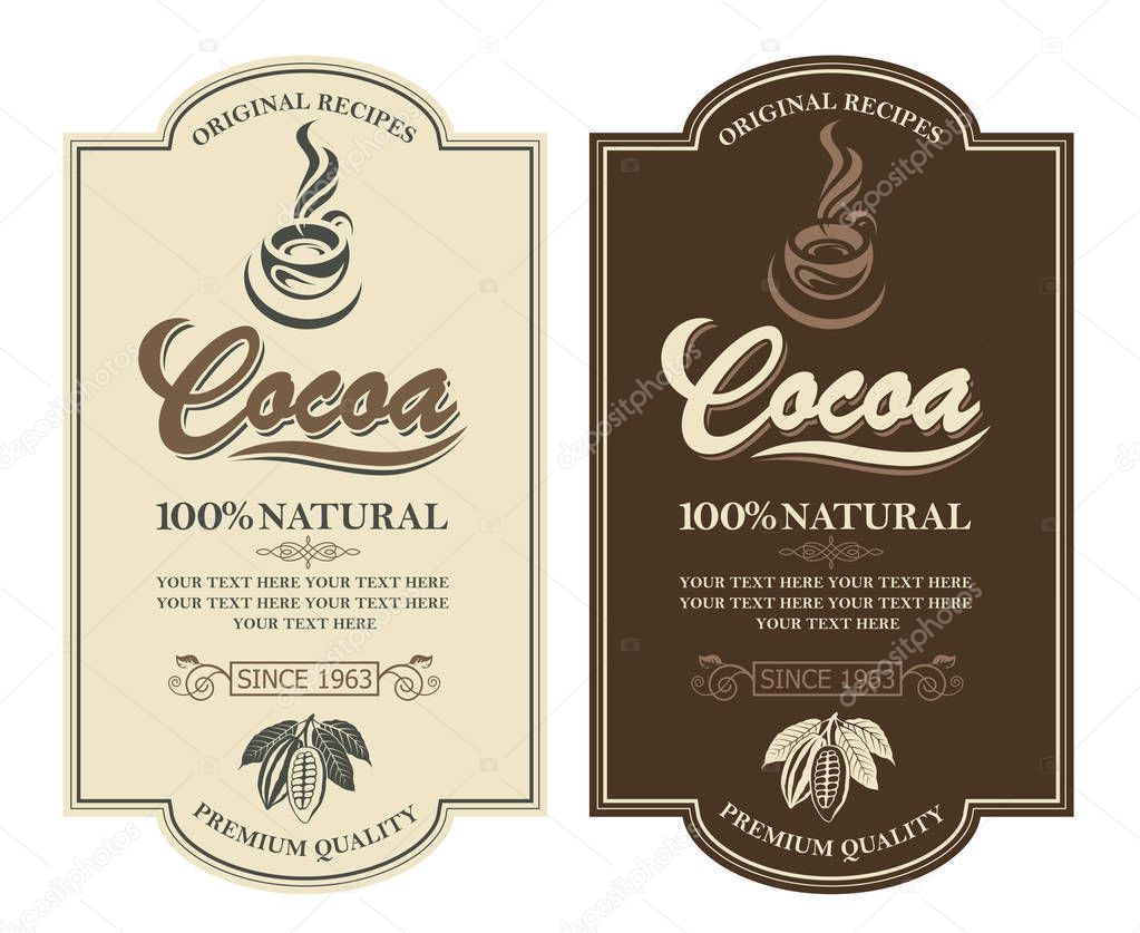 Collection of labels with cocoa beans, branch and leaves