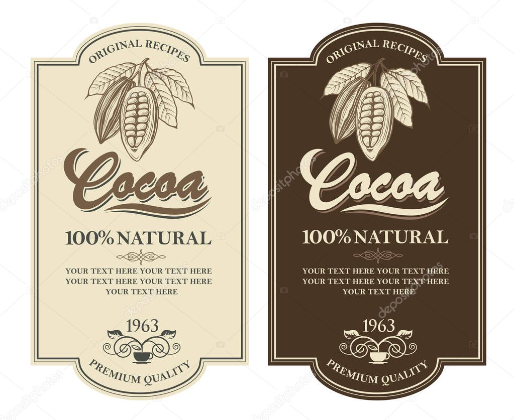 Collection of labels with cocoa beans, branch and leaves