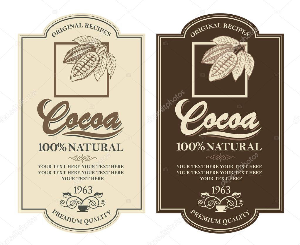 Collection of labels with cocoa beans, branch and leaves