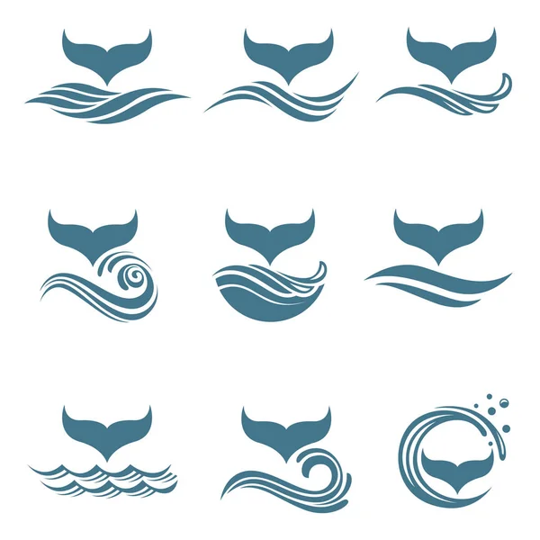 鯨の尾と海の波の抽象化されたシンボルのコレクション — ストックベクタ