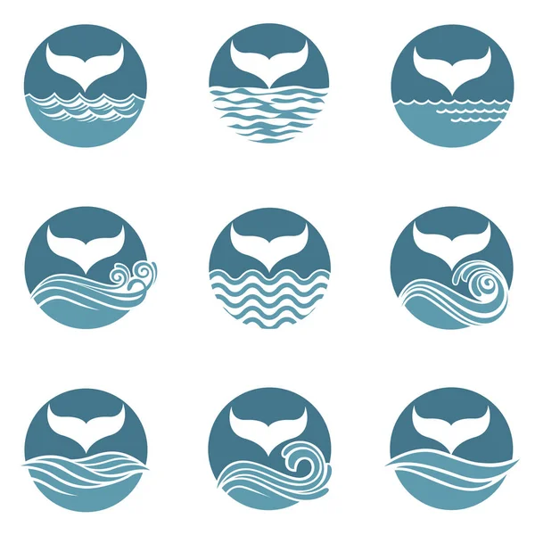 Collezione Con Simboli Astratti Coda Balena Onda Marina — Vettoriale Stock