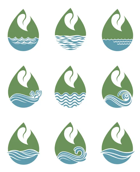 Collection Water Drop Icons Leaf Isolated White Background — Stock Vector