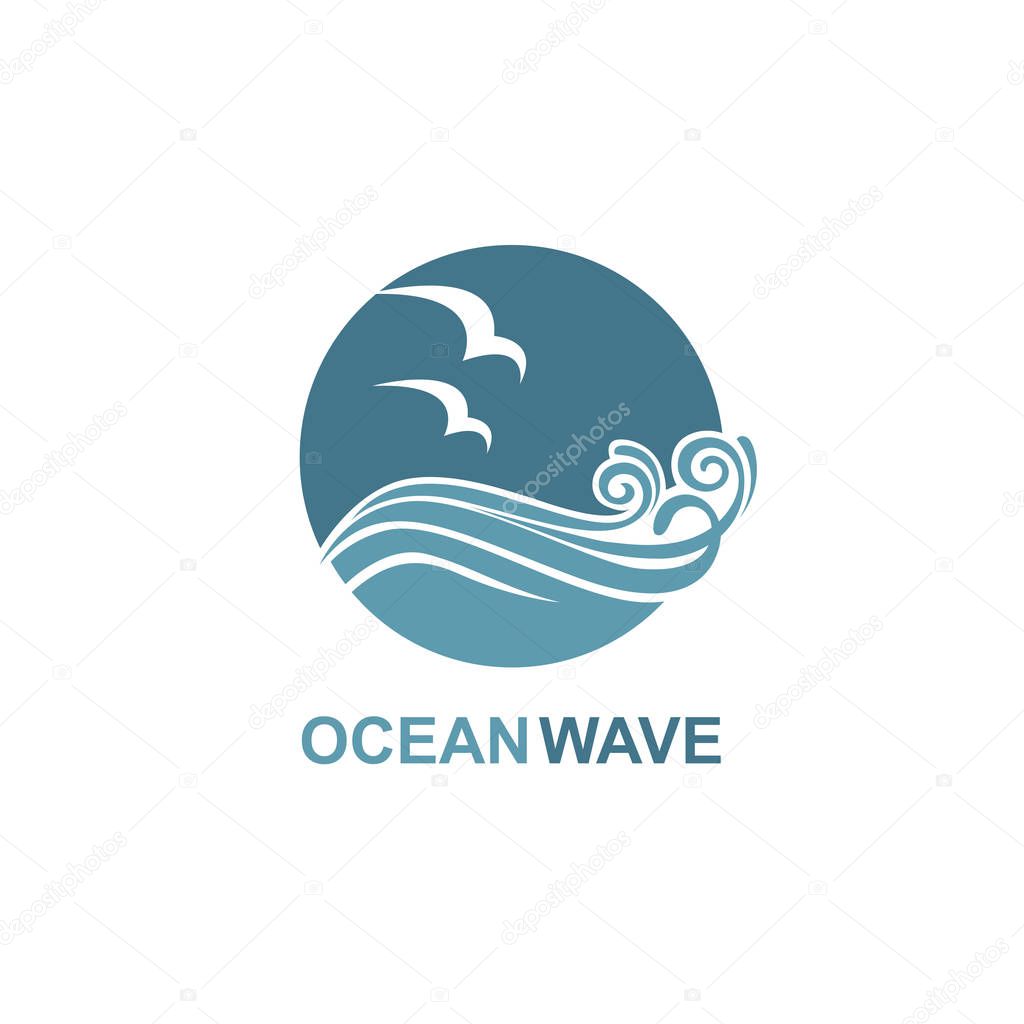 abstract design of ocean icon with waves and seagulls isolated on white background