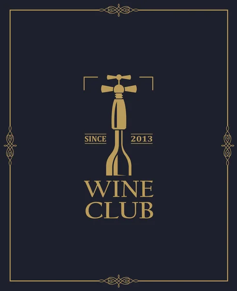 Emblema Del Club Vino Con Botella Sacacorchos Sobre Fondo Oscuro — Vector de stock