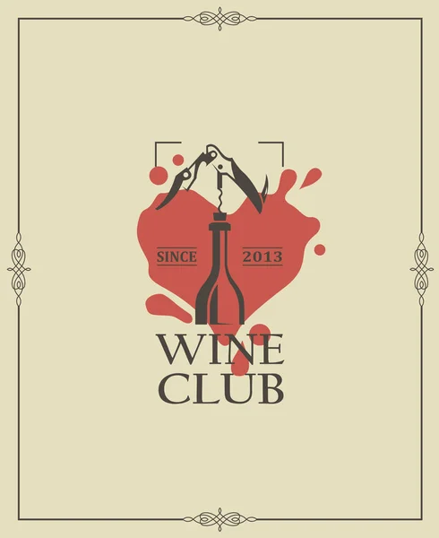 Víno Klub Znak Lahví Vývrtka Rámu — Stockový vektor