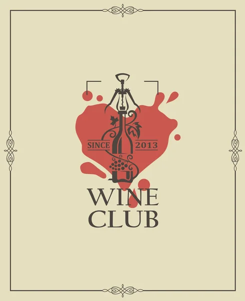 Emblema Del Club Del Vino Con Bottiglia Cavatappi Cornice — Vettoriale Stock