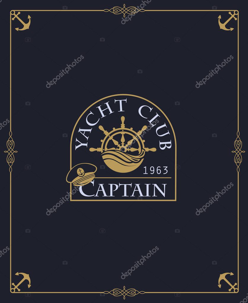 Yacht club label isolated on dark background in decorative frame