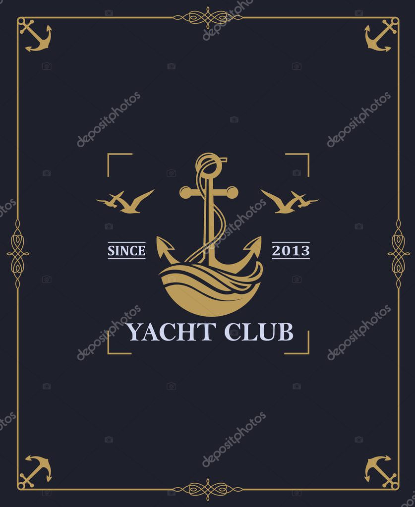 Yacht club label isolated on dark background in decorative frame