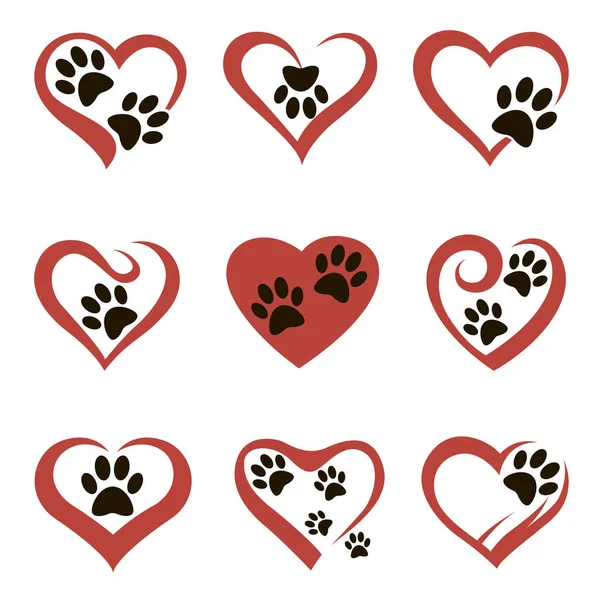 Collection Dog Cat Footprints Abstract Red Heart Isolated White Background — Stock Vector