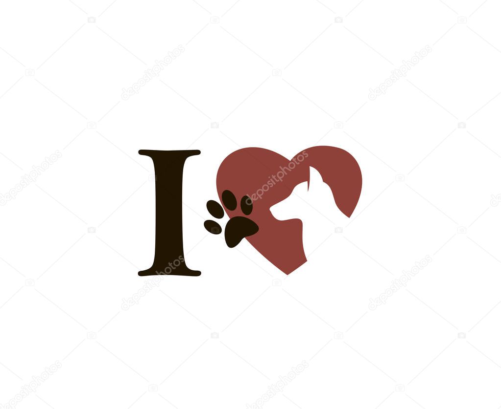 Emblem of dog and footprint in abstract red heart isolated on white background